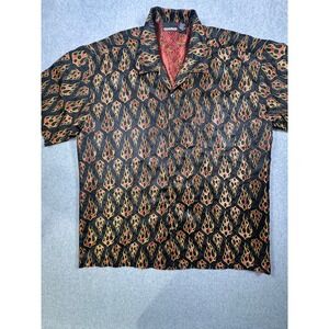 Vintage ODO Flame Print Button Down Shirt Mens XXL Black Red Gold Y2K Streetwear